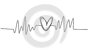 Heart with pulse. Heartbeat. Sound wave romantic symbol in simple linear style. One continuous line drawing. Hand drawn vector