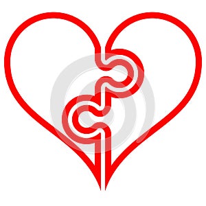 Heart puzzle symbol icon - red simple outlined, isolated - vector