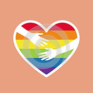 Heart rainbow colored with hugging hands. LGBTQ