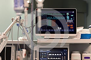 Heart rate monitor in a hospital theater. Medical device for monitoring vital signs in the hospital on the monitor of