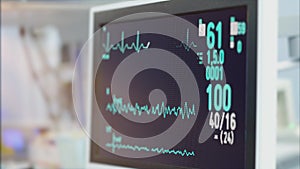 Heart rate monitor in hospital theater. Medical vital signs monitor instrument in a hospital on anesthesia surgery