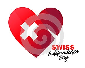 Heart with red ribbons inside. Independence Day. Flag of Switzerland. Swiss Confederation Day. Vector illustration