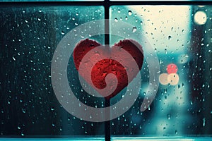 Heart Reflection on Rainy Window: City Lights and Love's Melancholy - Generative AI
