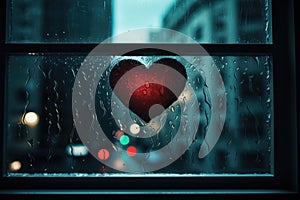 Heart Reflection on Rainy Window: City Lights and Love's Melancholy - Generative AI