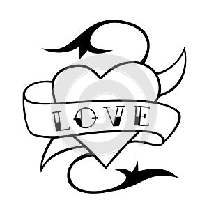 Heart with ribbon in tattoo style. Love vector illustration in engraved style