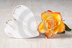 Heart and Rose Flowers on rustic table - Love Concept