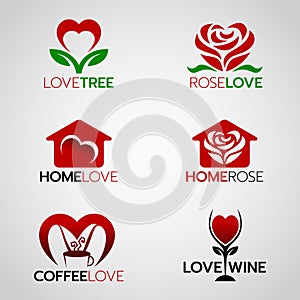 Heart and rose logo , home love logo and coffee and wine logo vector set design