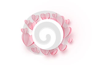 Heart round background with light pink paper hearts and circle white frame at the centre. Copy space. Love pattern for