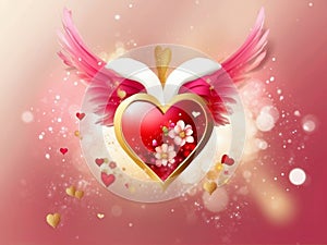 Heart\'s Soiree: Wings of Love in Pink and Gold Symphony. Generative AI