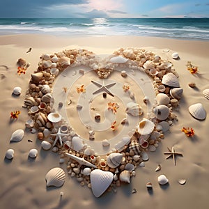 Heart on the sand on the beach with seashells in the background sea. Heart as a symbol of affectionlove