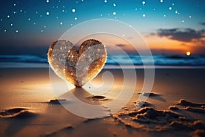 Heart on the sand on a blurred sea background, bokeh. Generated by artificial intelligence