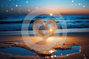 Heart on the sand on a blurred sea background, bokeh. Romantic landscape. Generated by artificial intelligence