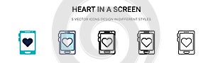 Heart in a screen icon in filled, thin line, outline and stroke style. Vector illustration of two colored and black heart in a