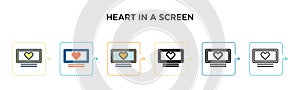 Heart in a screen vector icon in 6 different modern styles. Black, two colored heart in a screen icons designed in filled, outline
