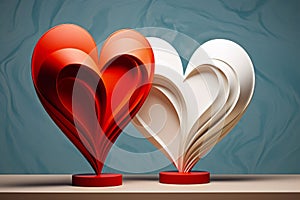 Heart sculptures on marbled background. Valentines day greeting card