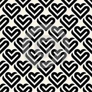 Heart seamless geometric pattern, endless texture. Monochromes striped hearts on white background. Vector