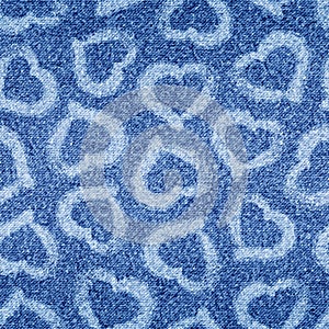 Heart seamless pattern. Hearts background. Repeated love texture. Denim checked printed. Repeating blue marks pattern. Fade effect