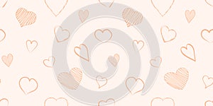 Heart seamless pattern, love peach fuzz hand drawn background for Valentines Day. Thin line sketch design. Cute illustration