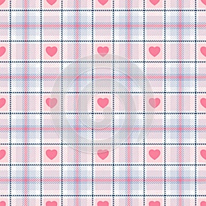 Heart seamless pattern. Repeating plaid tartan pink color. Check design prints. Repeated scottish flannel. Madras fabric. Modern photo