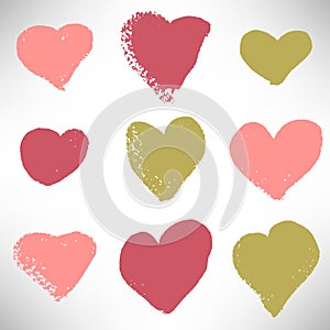 Set of cute gold, pink, red hearts. Grunge hearts of different shapes