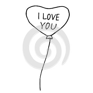 Heart shape balloon and lettering i love you hand drawn in doodle style. vector scandinavian monochrome minimalism. single element