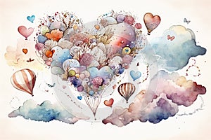 Heart shape from balloons and flowers, watercolor. Generative ai