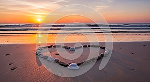 Heart Shape on Beach Sunset with Shells and Waves
