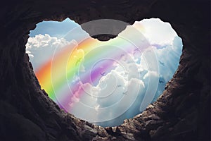 Heart shape cave with rainbow on sky over clouds close up, dreams, wishes, freedom