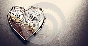 Heart shape clockwork. Gears and cogs mechanism. Valentine`s Day
