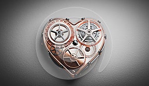 Heart shape clockwork. Gears and cogs mechanism. Valentine`s Day