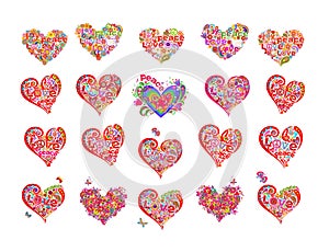 Heart shape collection for hippie design. Part 6 of hearts huge set