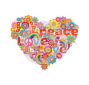 Heart shape with colorful flowers and hippie symbolic photo