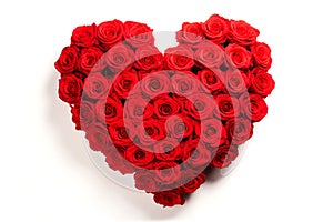 A heart shape composed entirely of vibrant red roses flowers isolated on a white background