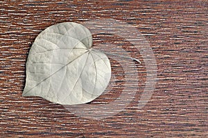 heart shape dry leaf on a rough artificial wood floor