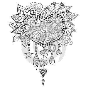 Heart shape floral dream catcher for coloring book for adult photo