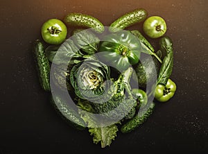 Heart shape form by various green healthy vegetables, top view