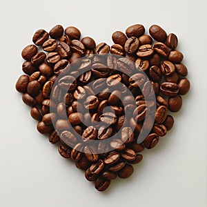 A heart shape formed with coffee beans on a white background, symbolizing love for coffee and its energizing effect photo