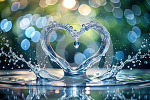 Heart from water splash with bubbles. Bokeh background