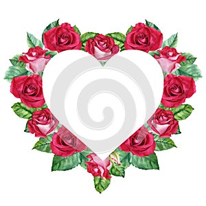 Heart shape frame of red rose flowers and leaves. Watercolor illustration. For Valentines Day wedding Mother's day