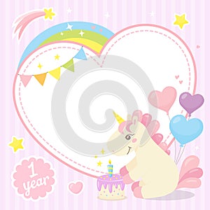 Heart shape frame with little unicorn, rainbow, cake, baloons