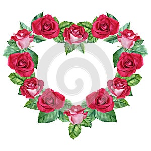 Heart shape frame of red rose flowers and leaves. Watercolor illustration for Valentines Day wedding Mother's day