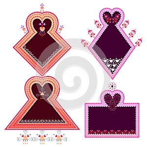 Heart shape frames. Set of 4 blank labels. Wedding and greeting card tags. Vector pattern.