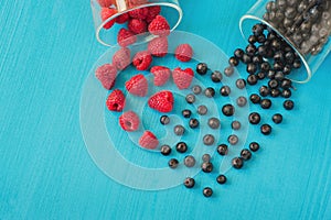 Heart shape of fresh raspberries and blueberries