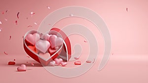 Heart shape of a gift box and floating confetti on pink background