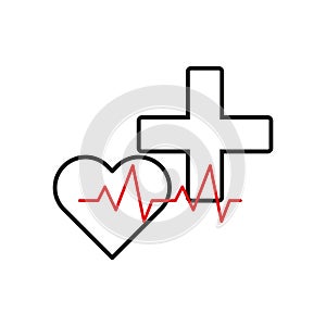 Heart shape with health cross and heartbeat line. Medical and cardiology concept. Vector illustration. EPS 10.