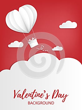 Heart shape hot air balloon with hanging gift box in red sky with cloud background.