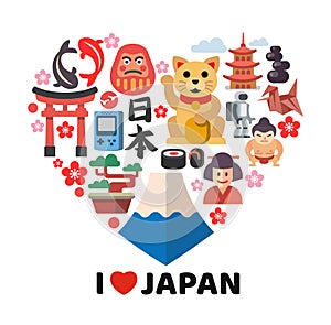 Heart shape with Japan icons.