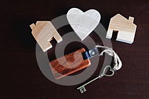 Heart shape key with wooden home keyring, wooden heart model and house figure decoration, sweet home concept