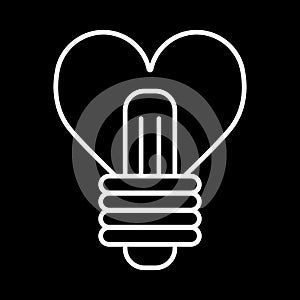 Heart shape in a light bulb line icon, outline vector sign, linear style pictogram isolated on black. Love symbol, logo