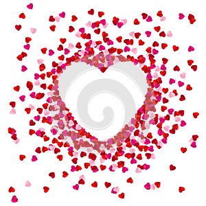 Heart shape lined with paper hearts. Happy Valentine`s Day greeting card background. Vector illustration